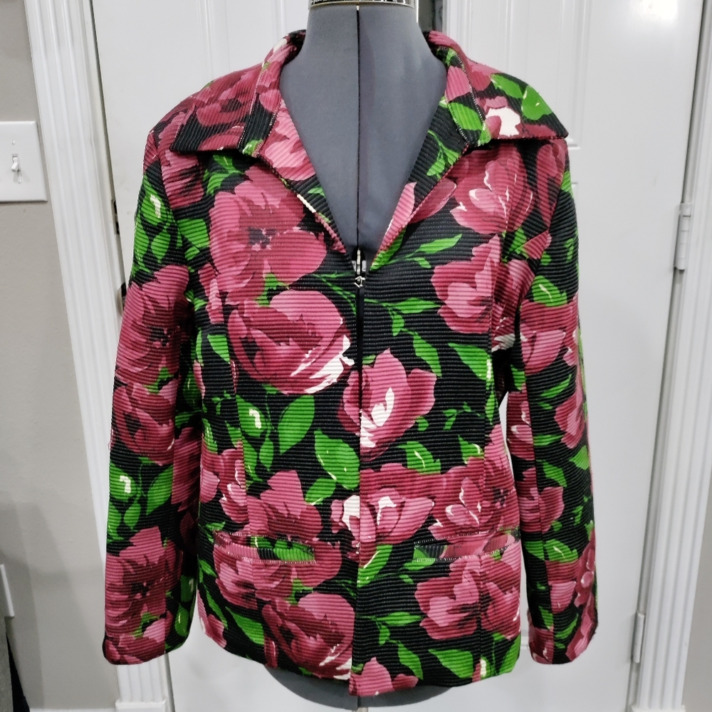 Joni B. Women's textured black blazer with red floral print size Large